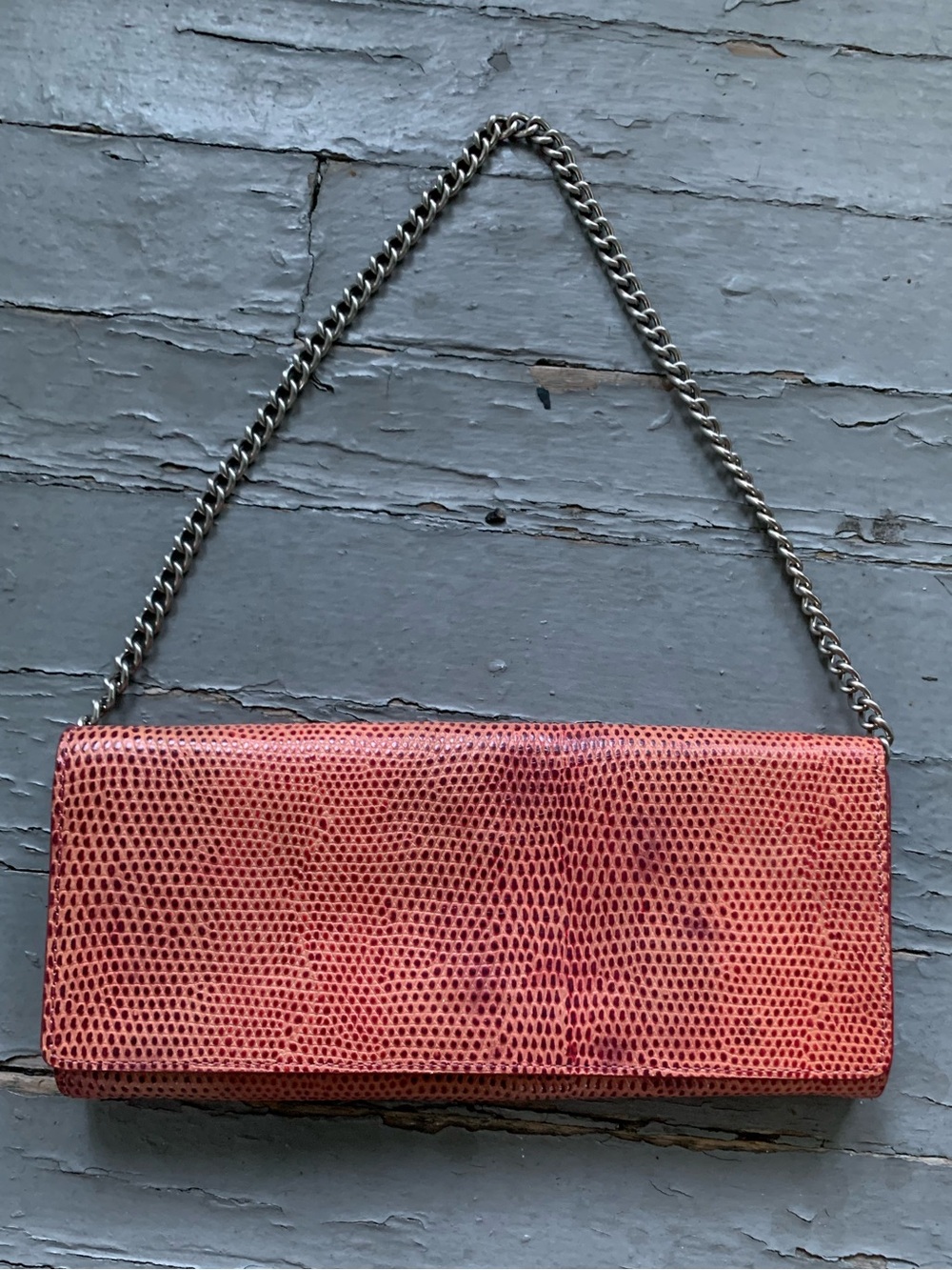 Coral Textured Chain-Handle Wristlet Clutch by